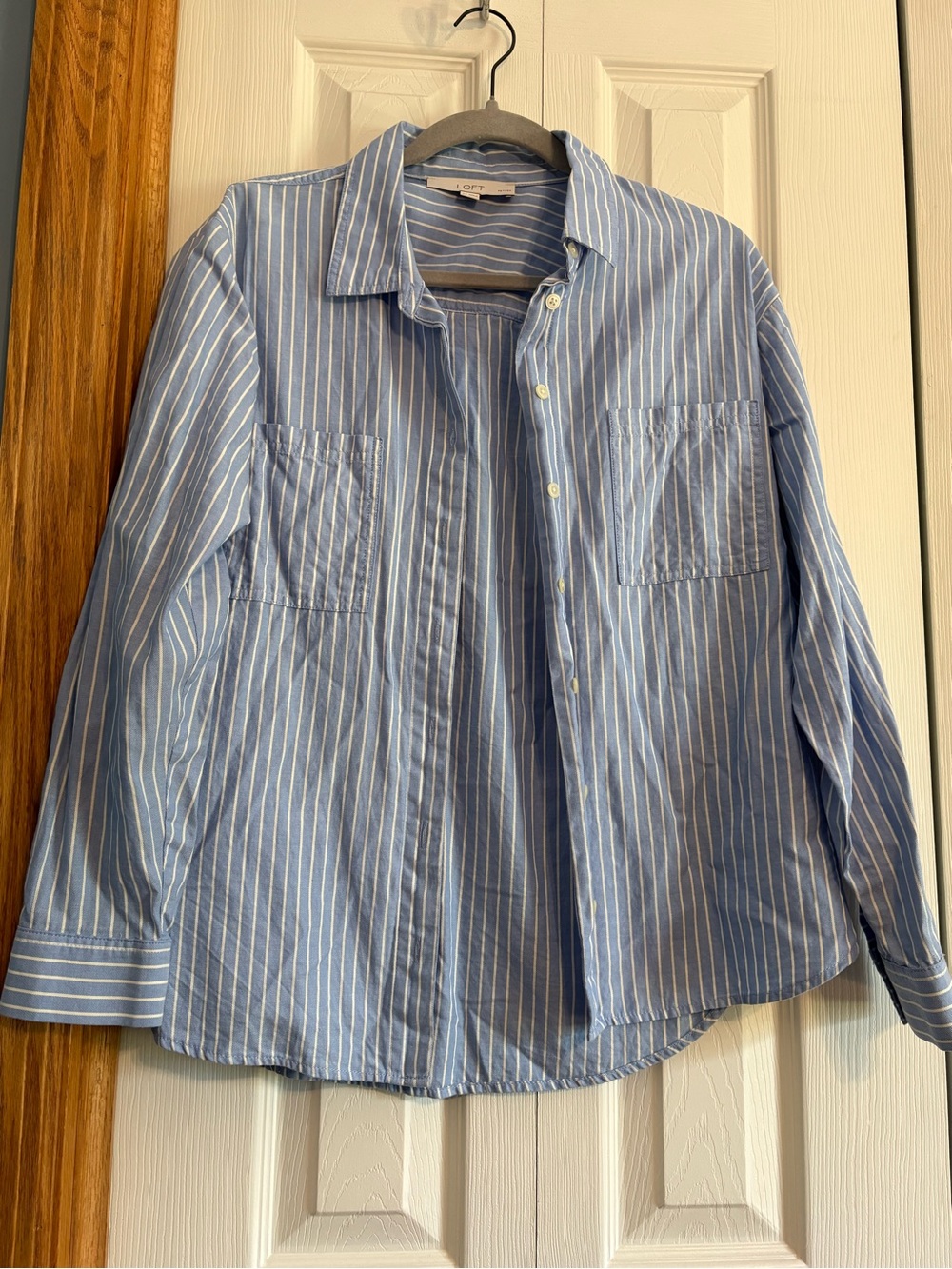 LOFT Light Blue and White Striped Button-Down Shirt